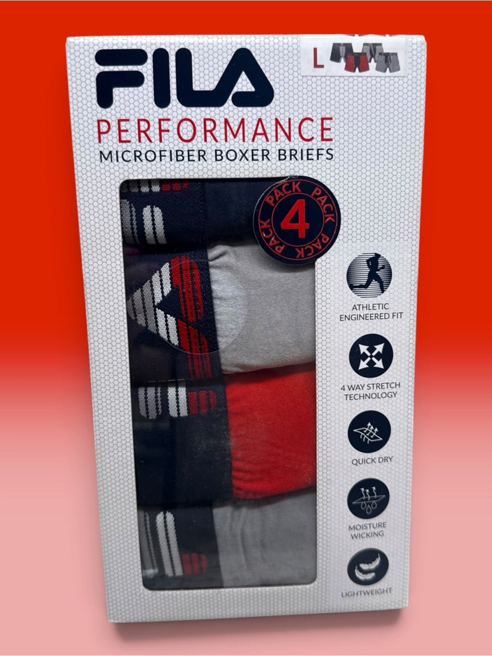FILA Performance Microfiber Boxer Briefs (4 PACK) Wicking Lightweight Size LARGE